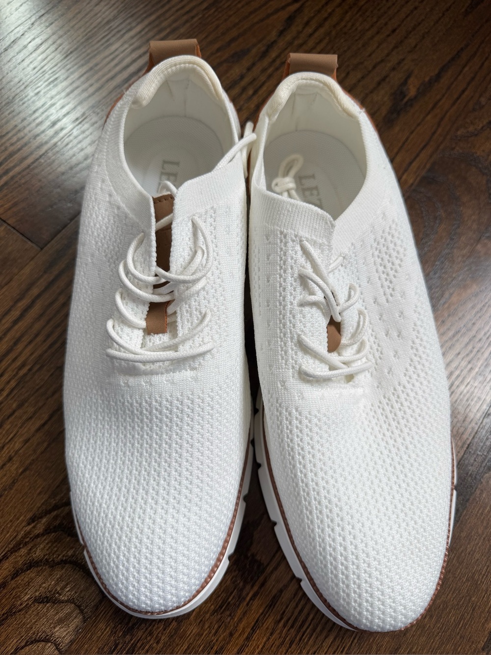 Men's Breathable White Knit Sneakers with Tan Accents